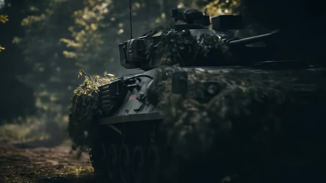 World War Armored Tank Moving Forest Woods Military Patrol Defense