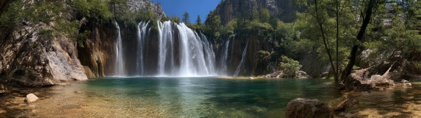 Fototapeta premium 360 degree panoramic view of majestic waterfall in nature hdr environment