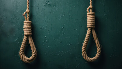 Two hangman's nooses hang against a dark teal background.