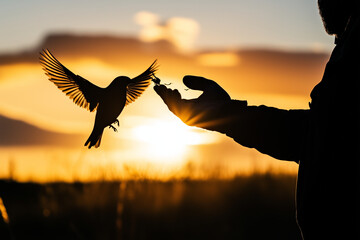 Conservationist releasing a rehabilitated bird into the wild at sunset. Generative AI