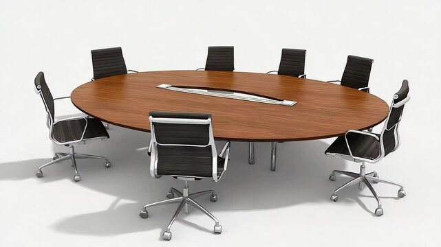 An oval conference table surrounded by rolling chairs in a brightly lit room.