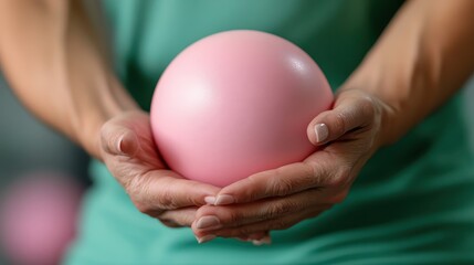 Gentle hands carefully hold a pink ball, symbolizing wellness and self-care, conveying warmth, comfort, and nurturing in a serene setting focused on personal growth and health.