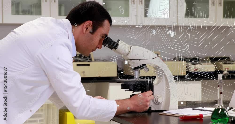 Poster scientist placing slide and focusing lab scope causing circuit turning into padlock for security