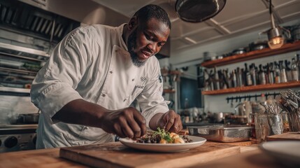 Professional Chef Preparing Gourmet Dish in Restaurant Kitchen