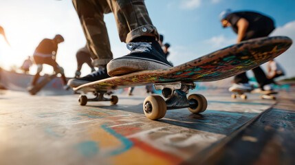 Group of Teenage Friends Performing Tricks on Skateboards at a Skate Park in Low Angle Shot with Sunset Background