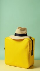 Sleek yellow travel bag, straw hat perched atop , sun, travel bag, straw hat