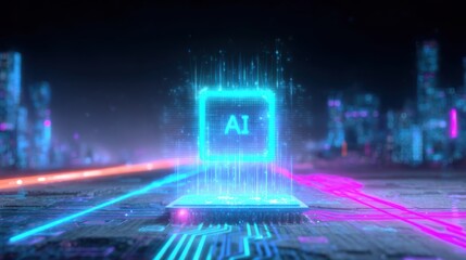 Futuristic Microchip With Glowing AI Symbol in a Neon Circuit World