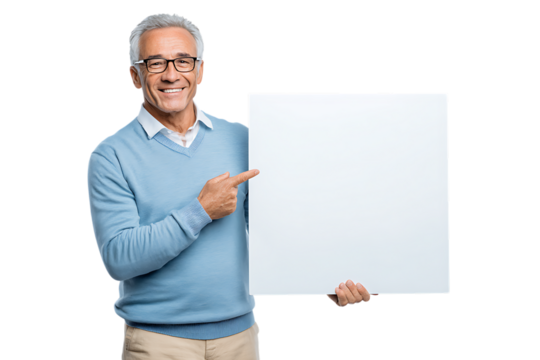 Smiling senior man pointing at blank sign - Powered by Adobe
