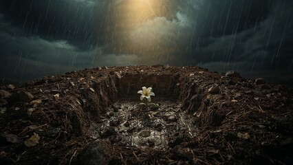 Lonely flower in the rain, broken feelings and loneliness concept
