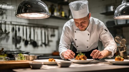 Professional Chef Preparing Gourmet Dish Restaurant Kitchen Scene