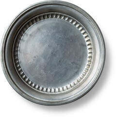 A round, metallic plate with a textured edge, likely used for serving food or as decorative...