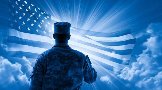 Soldier salute flag under bright sky and clouds in patriotic military honor and respect scene