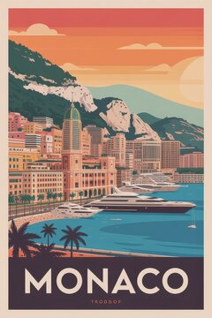 Vintage Monaco Travel Poster with Monte Carlo Harbor