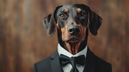 A majestic Doberman poses in a stylish tuxedo, radiating elegance and sophistication, perfect for showcasing the charm and grace of this noble canine breed.
