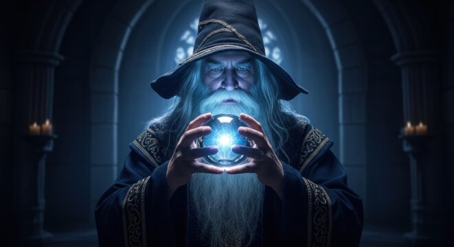 An old wizard or magician man holding a glowing crystal ball. Foretelling the future and mystic prediction for magic fantasy story.