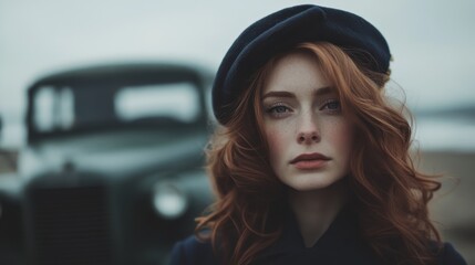 A captivating portrait of a young model with beautiful red hair, wearing a hat against a vintage car backdrop, communicating elegance and nostalgia in striking detail.