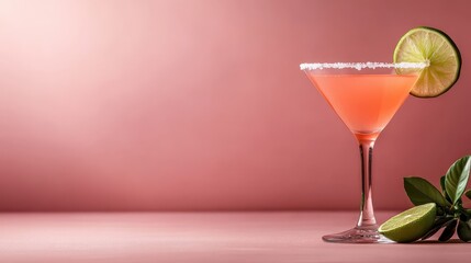 A vibrant pink cocktail garnished with lime sits elegantly on a stand, inviting indulgence and capturing the joy of celebrations and chic gatherings.