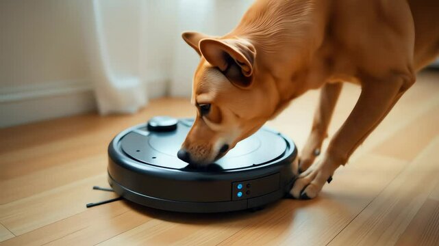 Dog curiously inspecting a robotic vacuum cleaner on wooden floor  