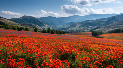 Vibrant Poppy Field with Majestic Mountains in the Background under a Blue Sky