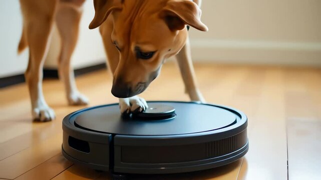 Dog interacting with robotic vacuum cleaner on wooden floor  