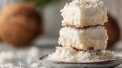 An elegant coconut dessert stacked high, adorned with fluffy coconut shavings, showcasing culinary art and indulgence that tempts the senses and represents a tropical delight.