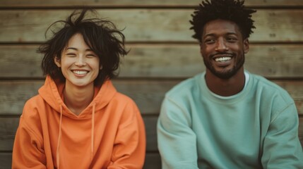 A joyful and candid moment captured between two diverse friends, showcasing their vibrant energy and authentic smiles against a rustic wooden backdrop.