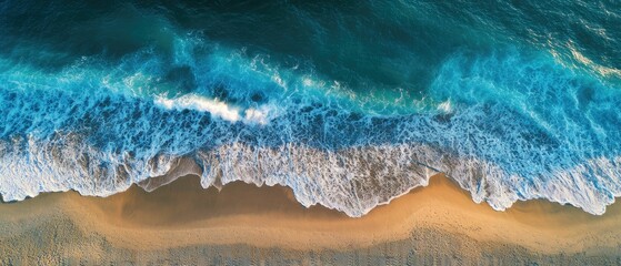 Fototapeta premium Ocean Waves Crashing on Sandy Beach Aerial View