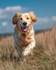 Golden Retriever Running in Field A Joyful Canine Portrait
