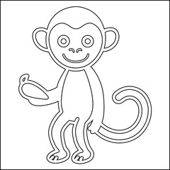 Cute cartoon monkey black and white line art illustration