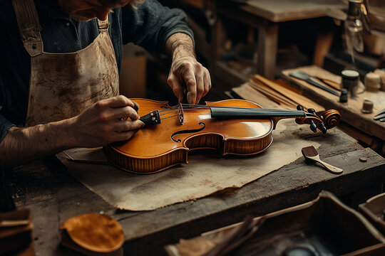 A skilled craftsman creating a beautiful violin in his workshop, showcasing unique design. Generative AI