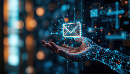 Robotic hand gently cradles a glowing digital email, symbolizing secure online communication and technological advancement.