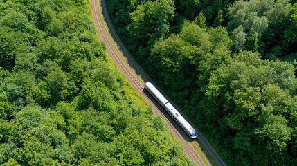 Fototapeta premium Train travels along winding track through lush green forest, showcasing beauty of nature and transportation