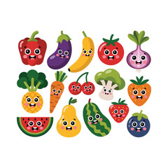 Cute Cartoon Fruits and Vegetables with Happy Faces Illustration.
