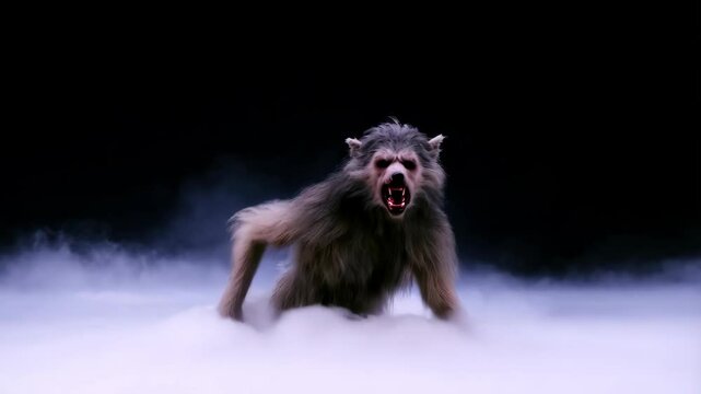 Fierce beast emerges from mist in a dramatic night scene