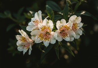 Obraz premium A cluster of elegant white Alstroemeria flowers, also known as Peruvian Lilies, with distinctive yellow and pink markings, blooming beautifully against a dark, softly blurred background.