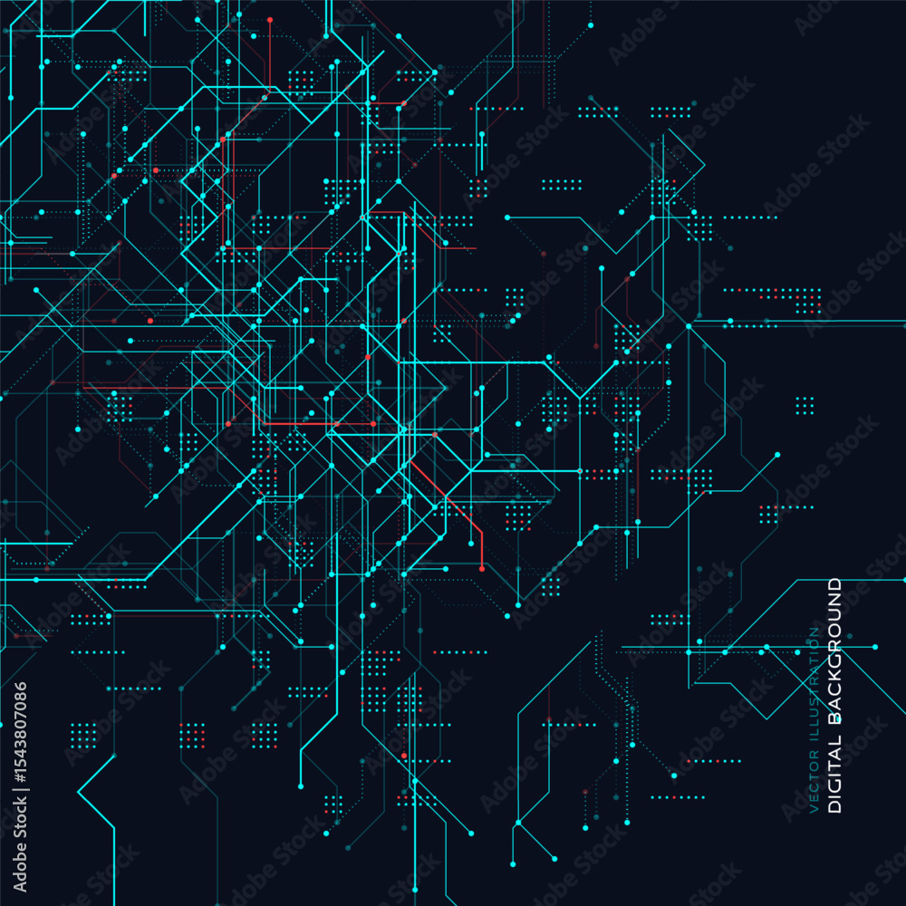 Aufkleber Digital Circuit Board Background. High-Tech Grid With Microchip Lines, Network Paths, And Glowing Dots. Perfect For AI, Data, Cybernetics, Innovation Themes. Vector Illustration.
