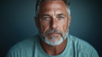 Obraz premium This image captures a confident mature man with a distinguished gray beard and intense gaze, showcasing his charisma and life experience, against a muted backdrop.