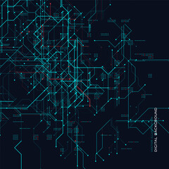 Digital Circuit Board Background. High-Tech Grid With Microchip Lines, Network Paths, And Glowing Dots. Perfect For AI, Data, Cybernetics, Innovation Themes. Vector Illustration.