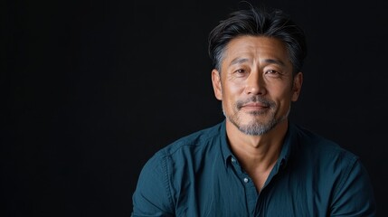 Obraz premium A confident and smiling man in a casual shirt poses against a dark backdrop, radiating warmth and approachability, perfect for personal branding and lifestyle imagery.