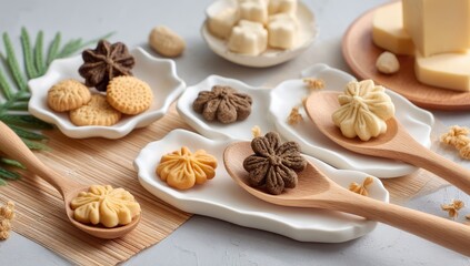 Assorted cookies and confections arranged on white plates and wooden spoons, showcasing various shapes, colors, and textures against a light grey background