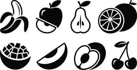 A collection of black and white fruit icons including banana and cherries