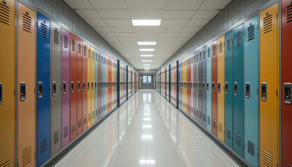 A long school hallway with colorful lockers stretches towards a distant light.
