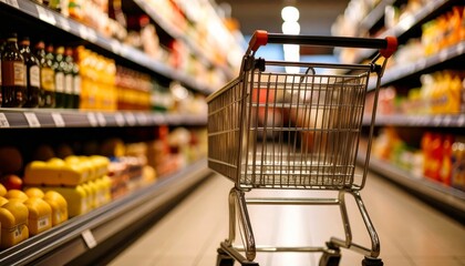 shopping cart by a store shelf in a supermarket