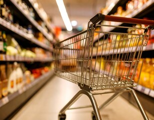 shopping cart by a store shelf in a supermarket