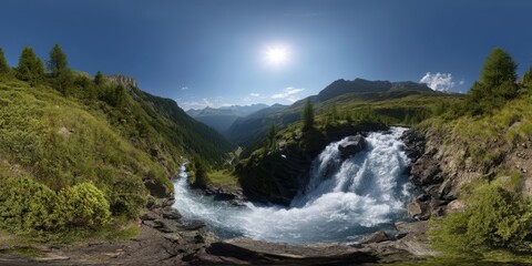 Fototapeta premium Panoramic view of stunning waterfall mountain landscape hdr 360 degree