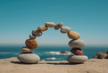 Balanced rock arch, various sizes and colors, on sandy cliff edge overlooking ocean under bright sky
