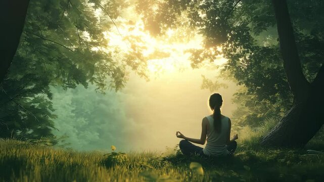 A calm young woman meditating doing yoga breathing exercises with eyes closed feeling peace of mind mental balance sitting in lotus pose in a peaceful forest at sunrise, Outdoor meditation	