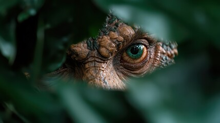 A detailed close-up of a dinosaur's eye peeking through lush foliage, showcasing the fierce yet majestic nature of prehistoric creatures amidst vibrant greens.