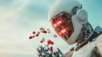 A sleek futuristic robot, adorned with glowing red eyes, deftly manipulates colorful pills against a serene blue sky, addressing themes of healthcare and advanced technology.