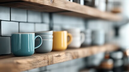 An artistic arrangement of stylish coffee mugs on a rustic shelf, showcasing modern design elements and emphasizing simplicity and organization in a cozy environment.